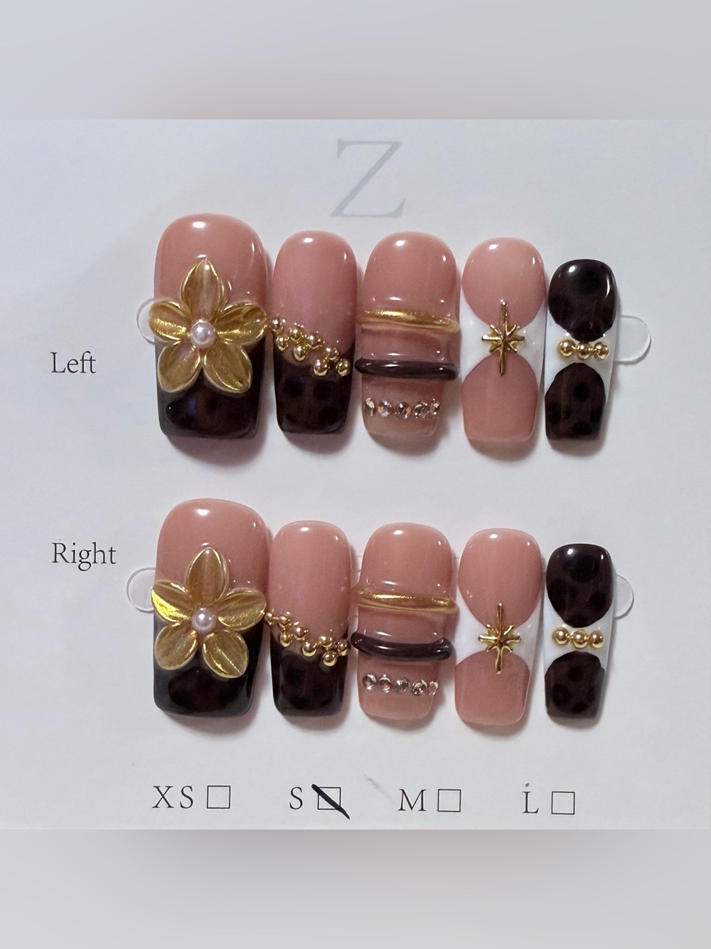 Nude Pink & Dark Brown Floral Accent False Nail Set - Women Makeup